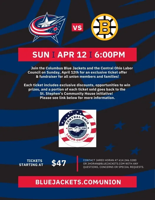 Flyer promoting a colloboration between the Central Ohio Labor Council and the COlumbus Blue Jackets on Sunday, April 12 at 6:00. Tickets start at $47