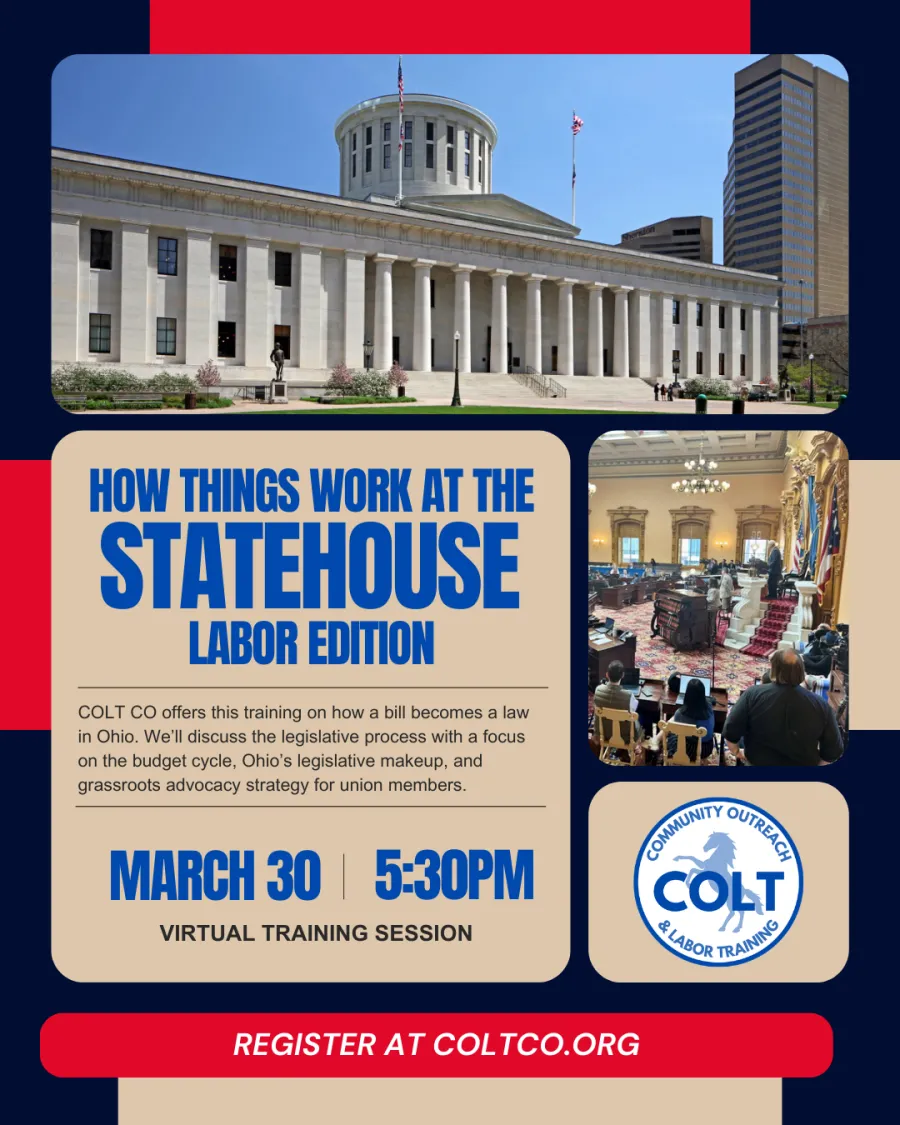 Flyer for a training with COLT CO on how a bill becomes a law in Ohio