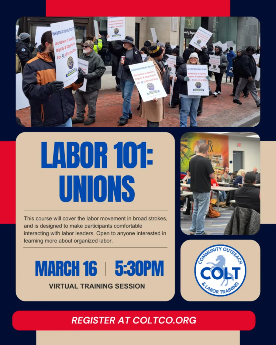 Flyer for COLT CO. Labor 101: Unions Training