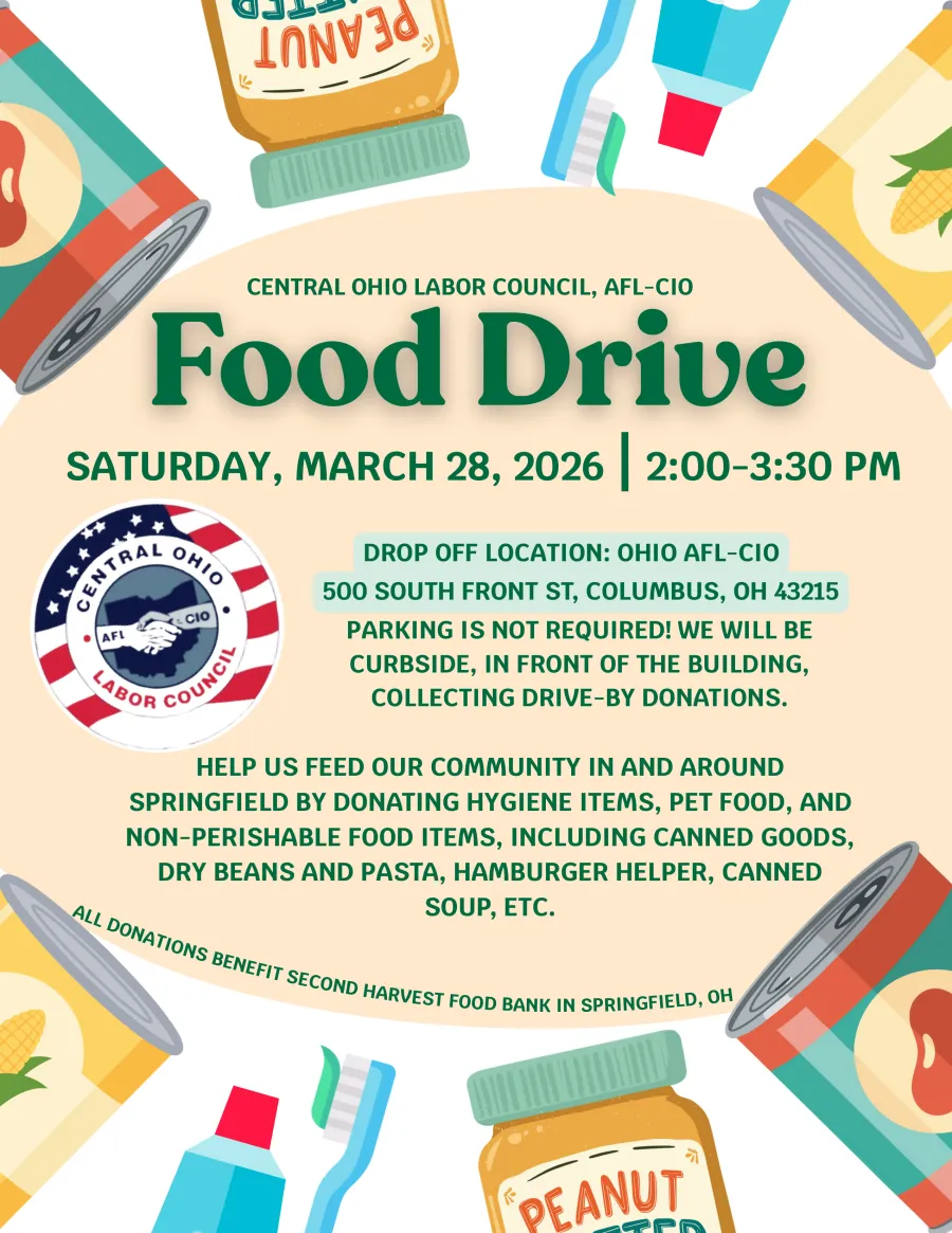 Flyer for the Central Ohio abor COuncil Food Drive on March 28 from 2-330 PM at the Ohio AFL-CIO, 500 South Front St. Columbus, OH 43215