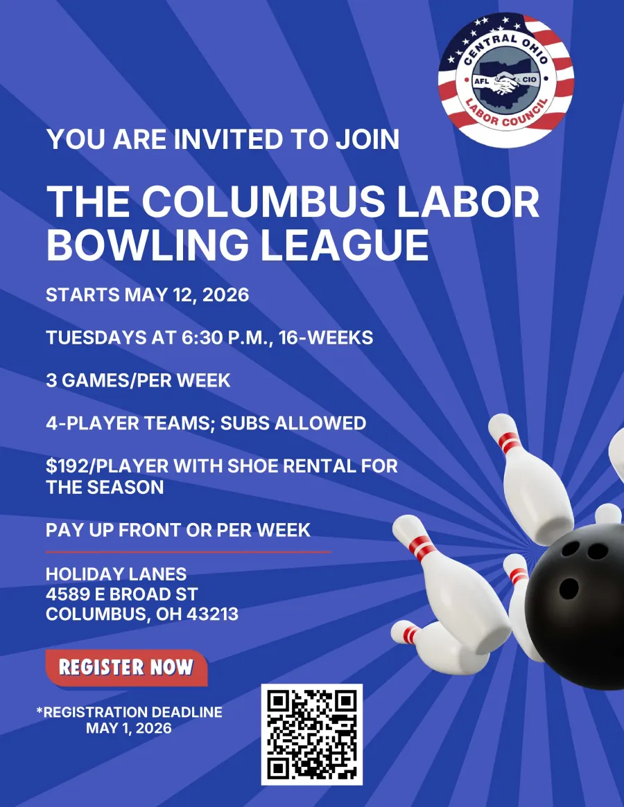Flyer for COlumbus Labor Bowling League, Every Tuesday at 6:30 for 16 weeks