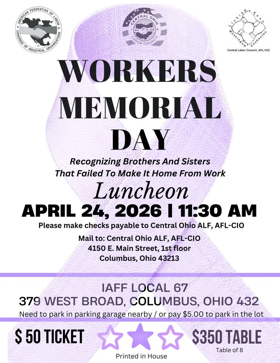 Flyer for Workers Memorial Day Luncheon on April 24 at 11:30 AM at IAFF Local 67