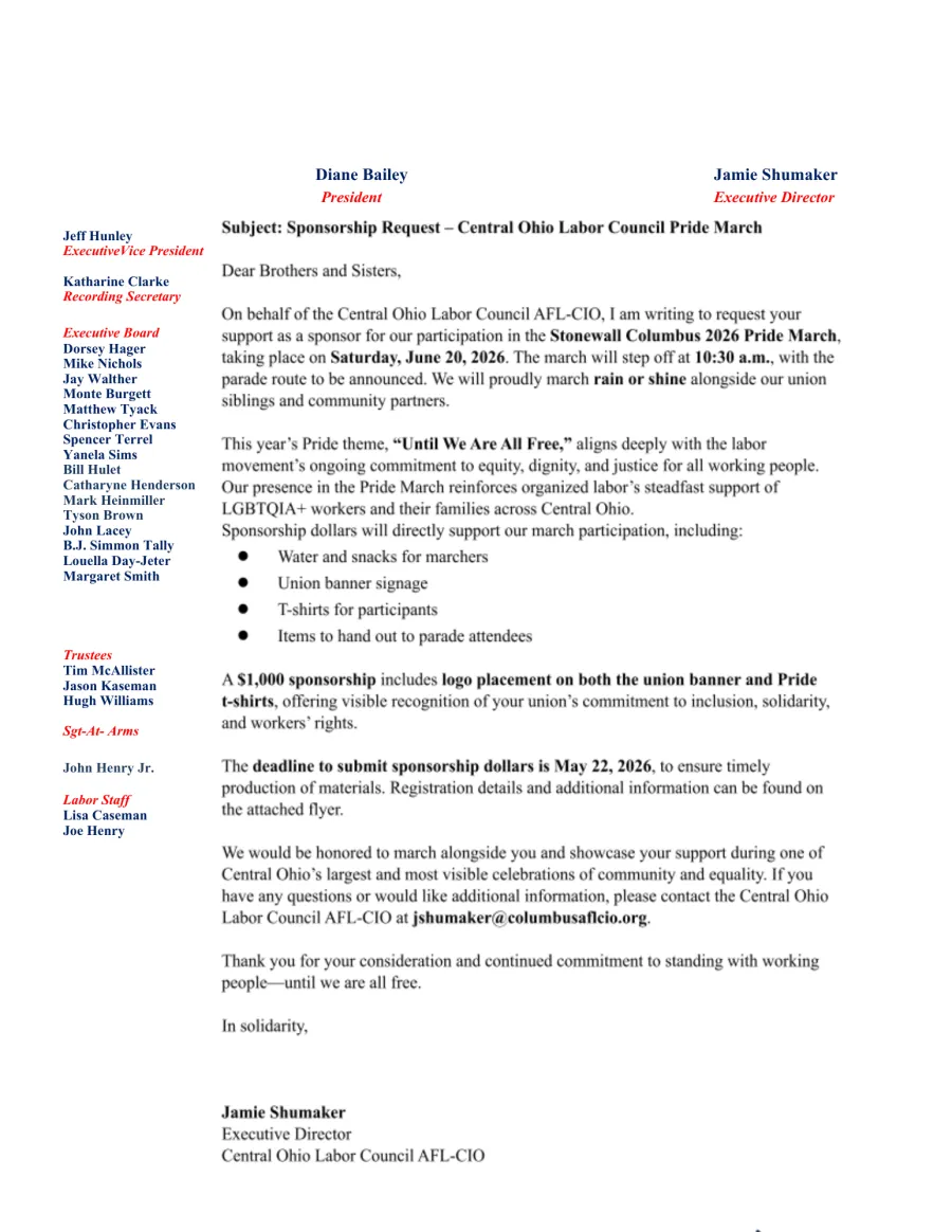 Letter from Jamie Shumaker announcing COLC's participation in the 2026 Pride Parde