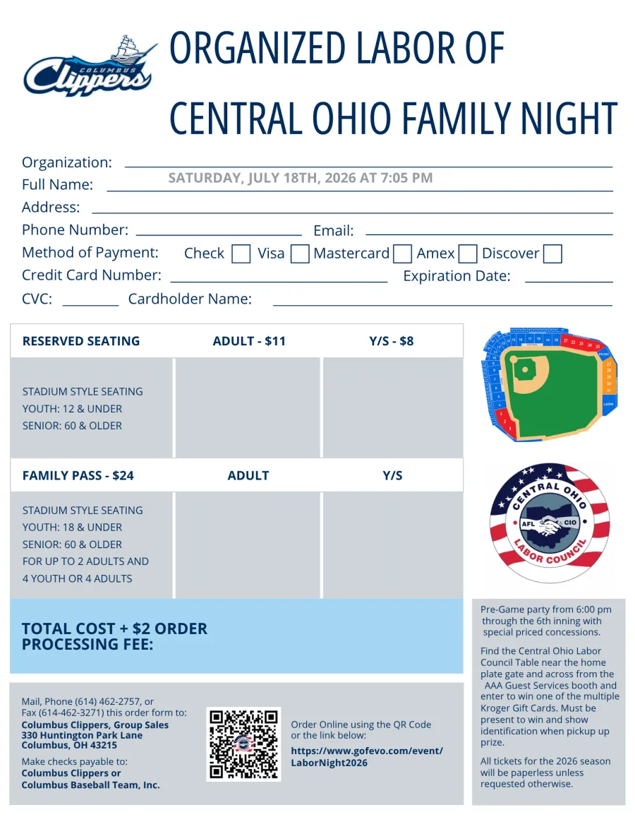 flyer for Organized Labor of Central Ohio Family Night
