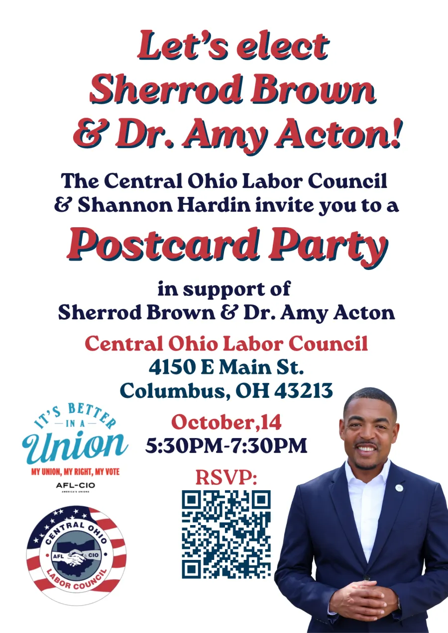 Poster advertising a postcard writing party that the Labor Council is hosting with Columbus City Cuncil President Shannon Hardin on October 14 from 5:30-7:30